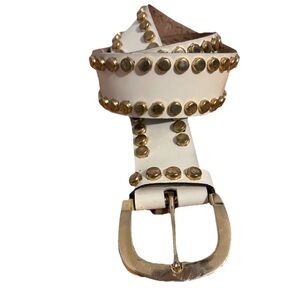 VTG Saks Fifth Ave White Patent Leather Belt Gold Studded Grunge Size S/M